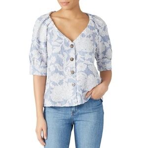 Waverly Grey Blue and White Floral Embroidered Sam Top - Medium